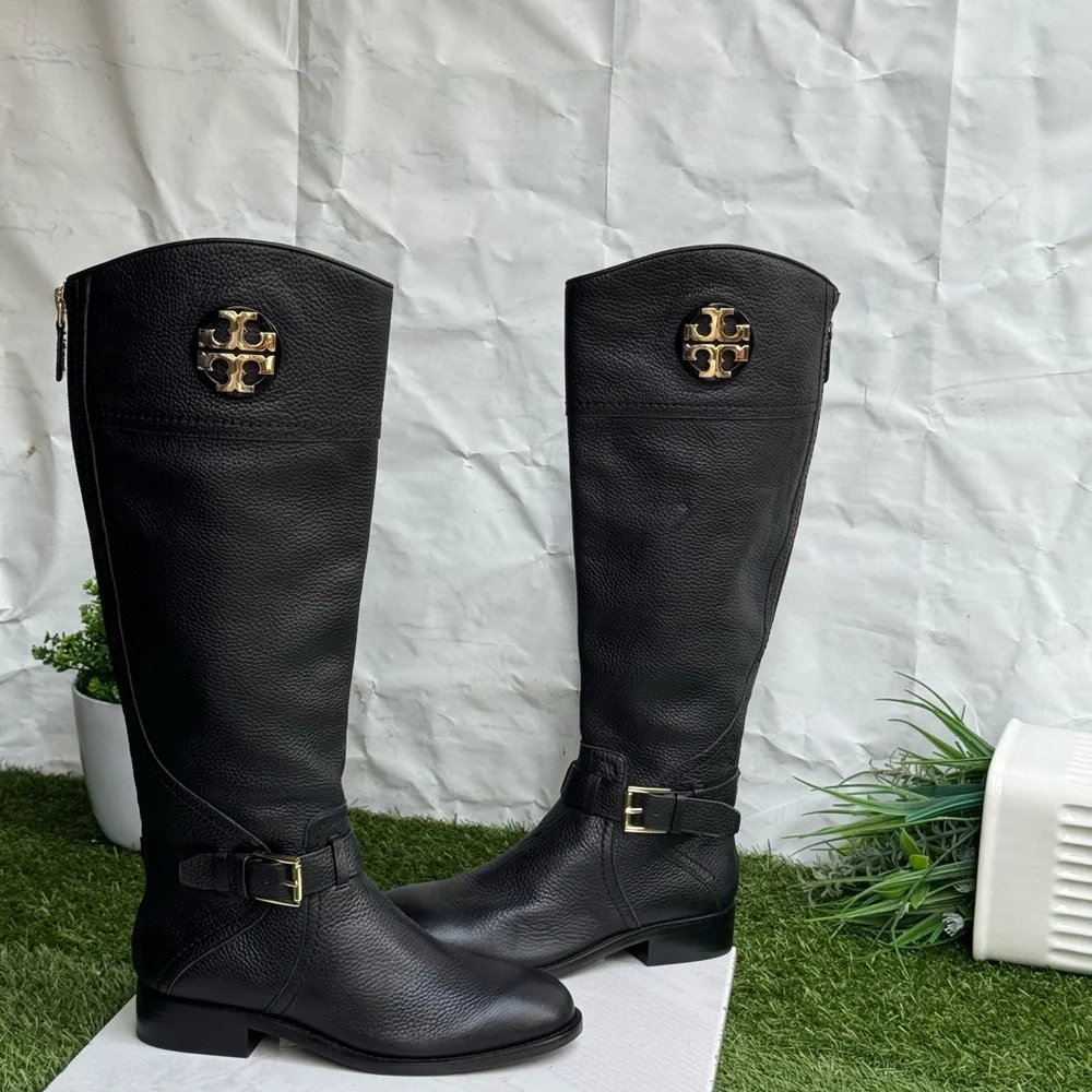 Tory Burch Adeline tall Riding Boots tumbled black leather women’s size 5.5 New